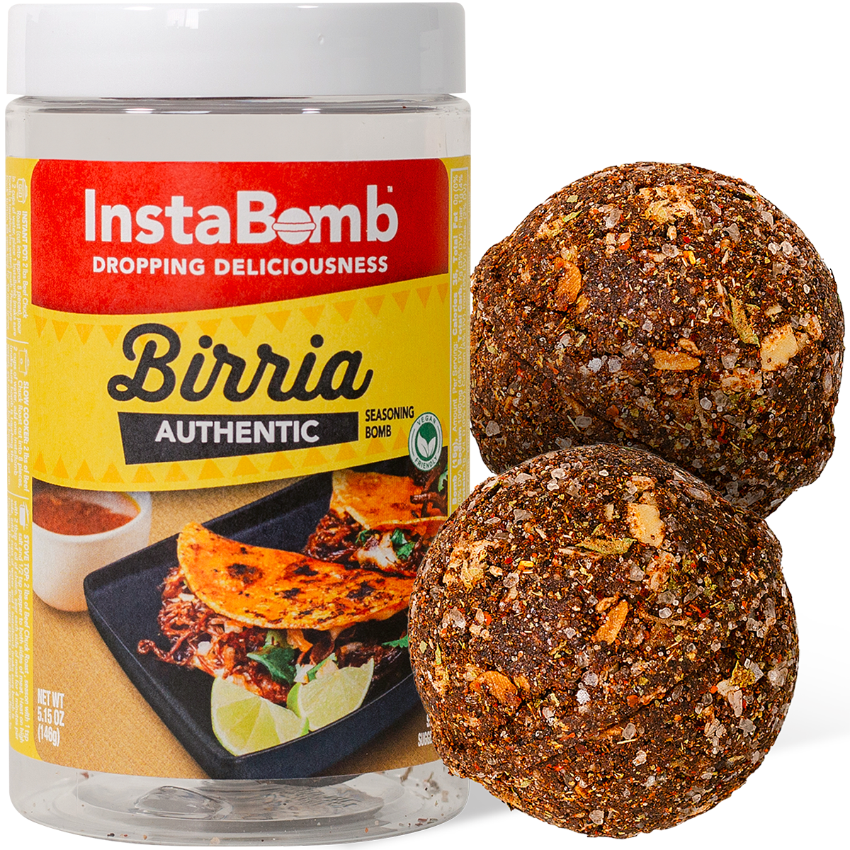 Jar of InstaBomb Birria seasoning with two spice balls.