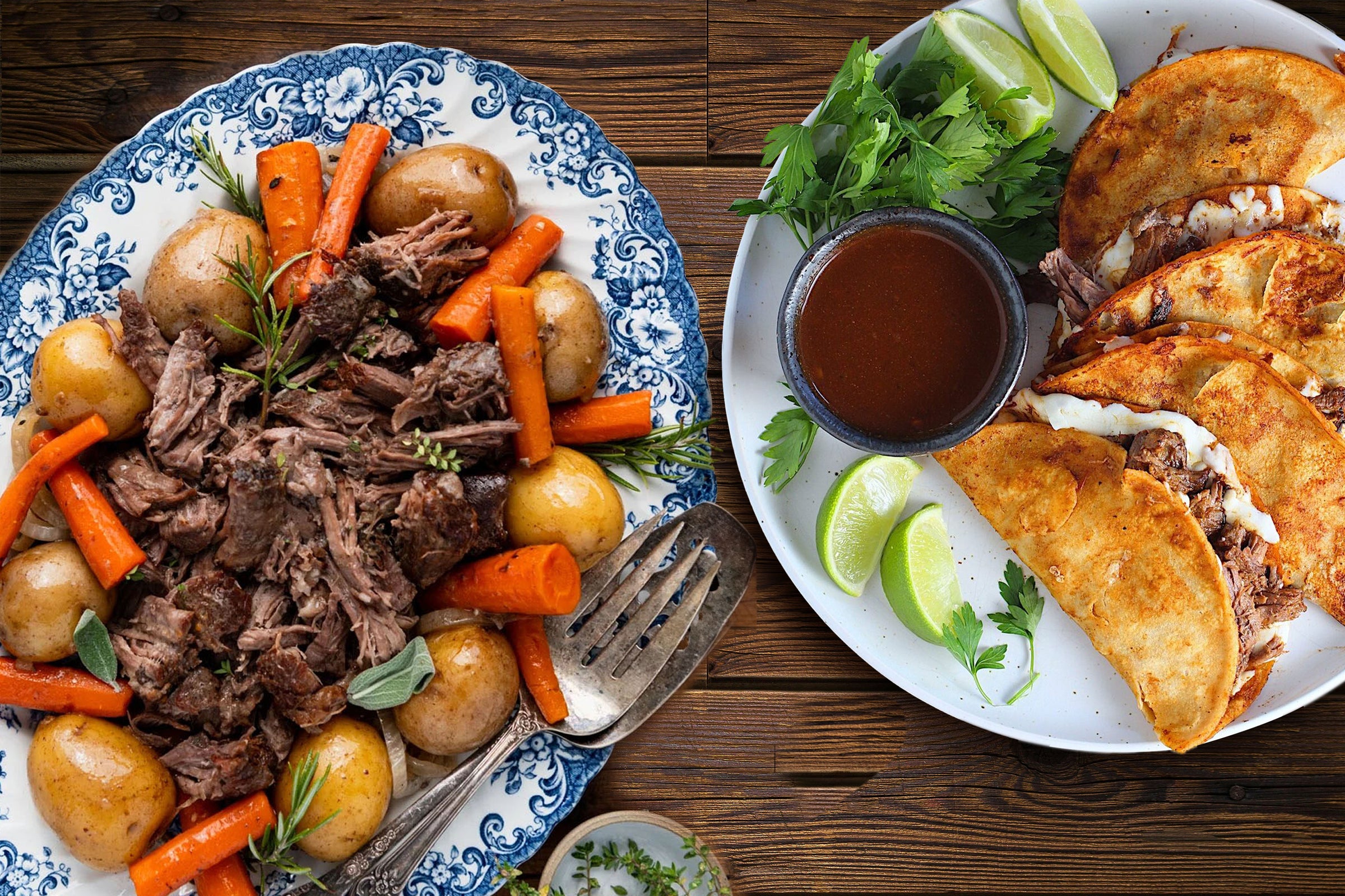 Plate of pot roast with potatoes, carrots, and tacos with lime and sauce on a wooden table.